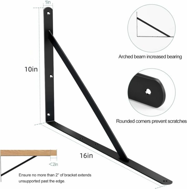 Large Shelf Brackets -  16x10"- 1 Pair Black